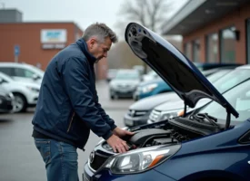 Homme inspectant le moteur d'une voiture d'occasion en concession