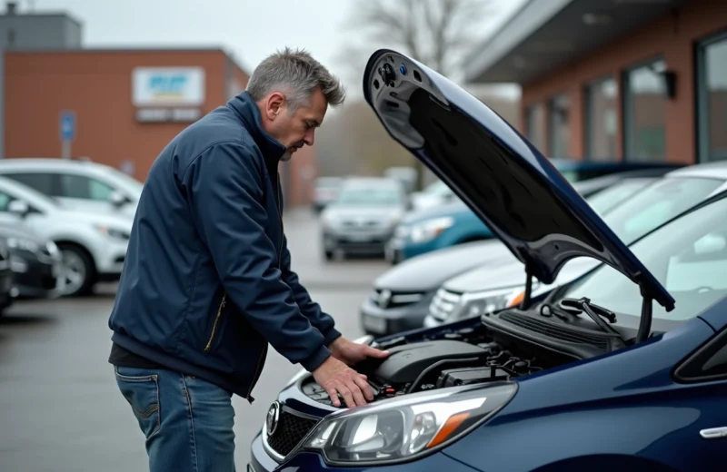 Homme inspectant le moteur d'une voiture d'occasion en concession