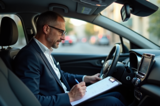 Homme d age moyen remplissant un carnet de route dans sa voiture