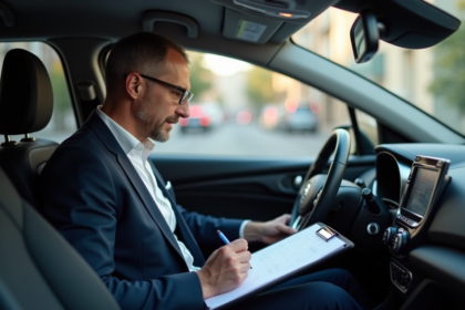 Homme d age moyen remplissant un carnet de route dans sa voiture