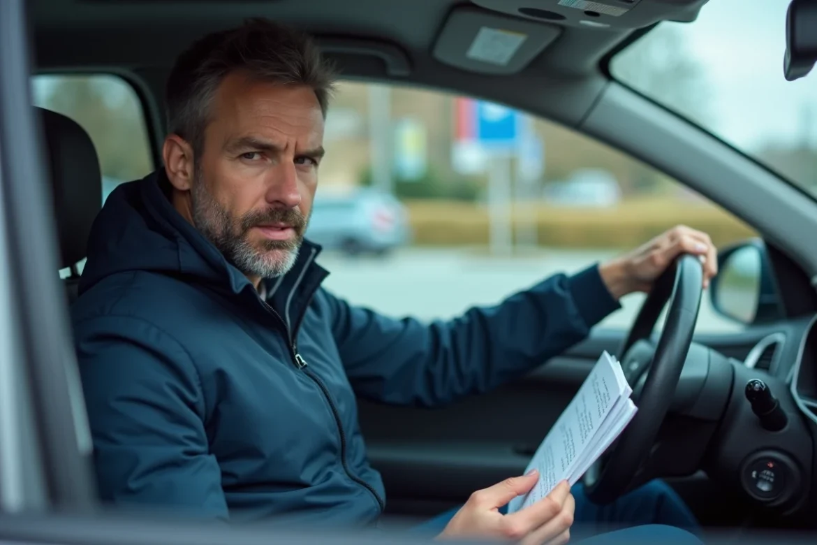 Homme dans une voiture consultant un livret de révision pour le permis de conduire avant l'examen