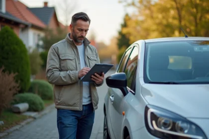 Homme d'une quarantaine utilisant une tablette à côté de sa voiture