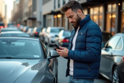 Homme en veste bleue près d'une voiture de sport en ville