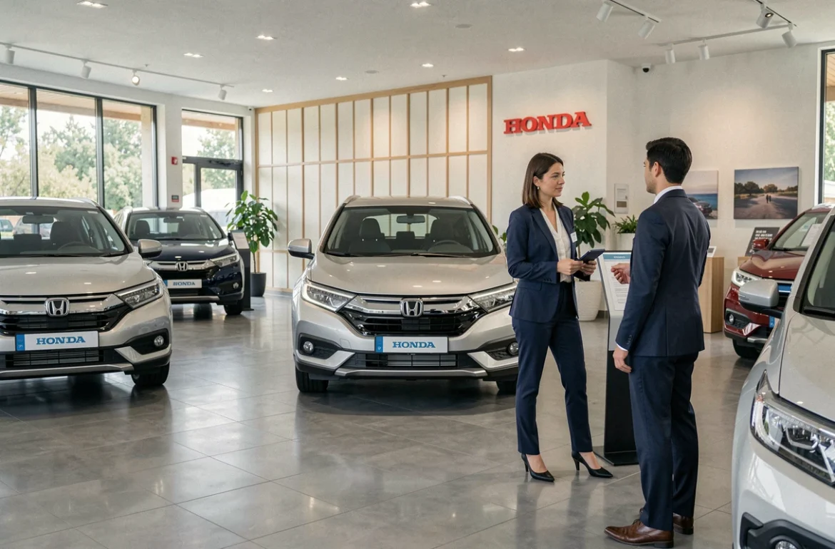 Showroom de Honda Japazur présentant des Honda d'occasion avec une conseillère expliquant les caractéristiques à un client