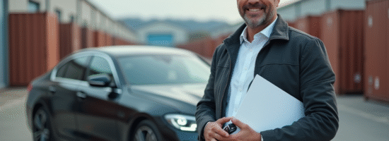 Homme d'affaires avec clés et dossier devant voiture importée