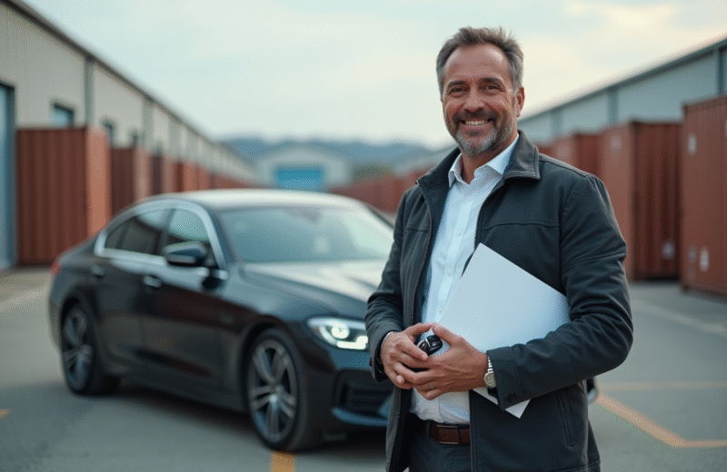 Homme d'affaires avec clés et dossier devant voiture importée