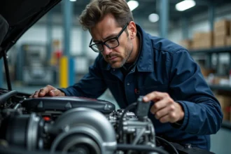 Ingénieur automobile examinant un moteur turbo avec outil digital