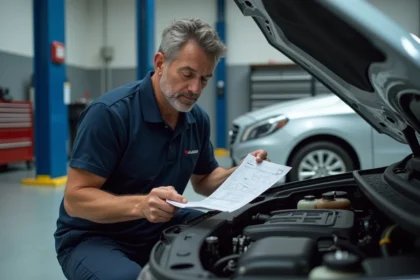Ingénieur automobile examinant un moteur dans un atelier moderne, tenant une fiche technique de puissance en kW et CV