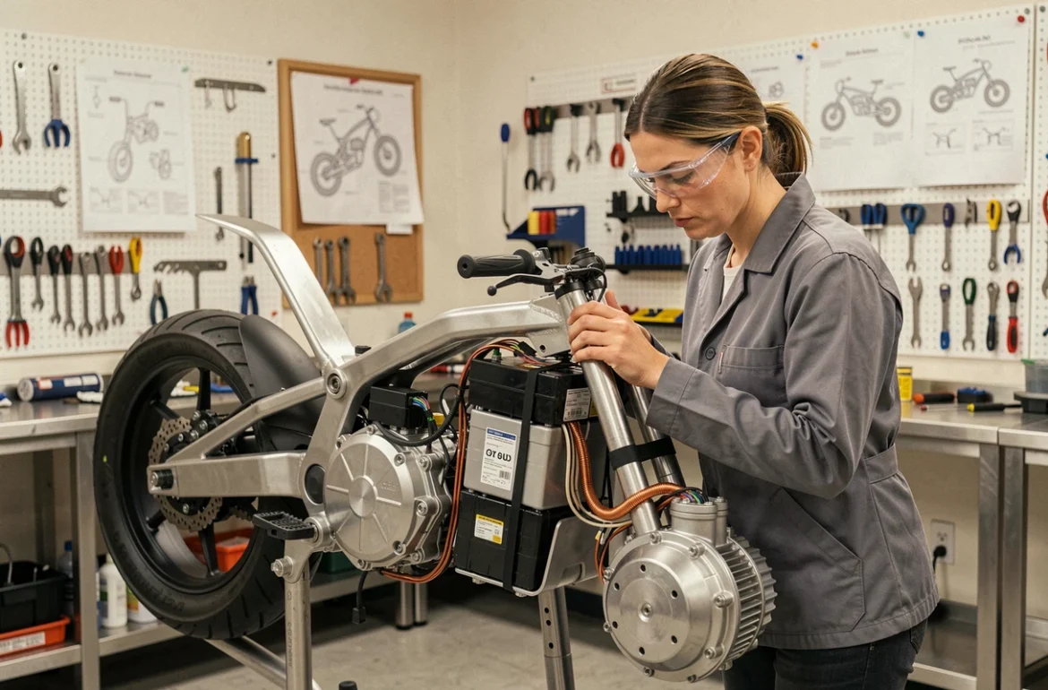Ingénieure examinant le groupe motopropulseur d'une moto électrique démontée dans un atelier de recherche et développement high-tech