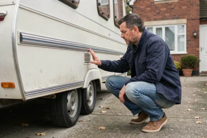 Acheteur inspectant minutieusement l'extérieur d'une caravane d'occasion entre particuliers dans une allée résidentielle