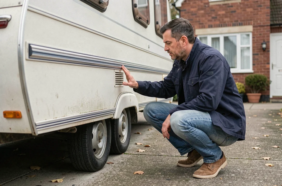 Acheteur inspectant minutieusement l'extérieur d'une caravane d'occasion entre particuliers dans une allée résidentielle