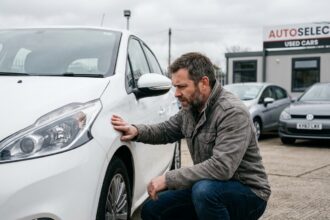Homme inspectant la carrosserie d'une Peugeot 208 blanche d'occasion dans un parking de concessionnaire