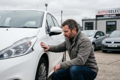 Homme inspectant la carrosserie d'une Peugeot 208 blanche d'occasion dans un parking de concessionnaire