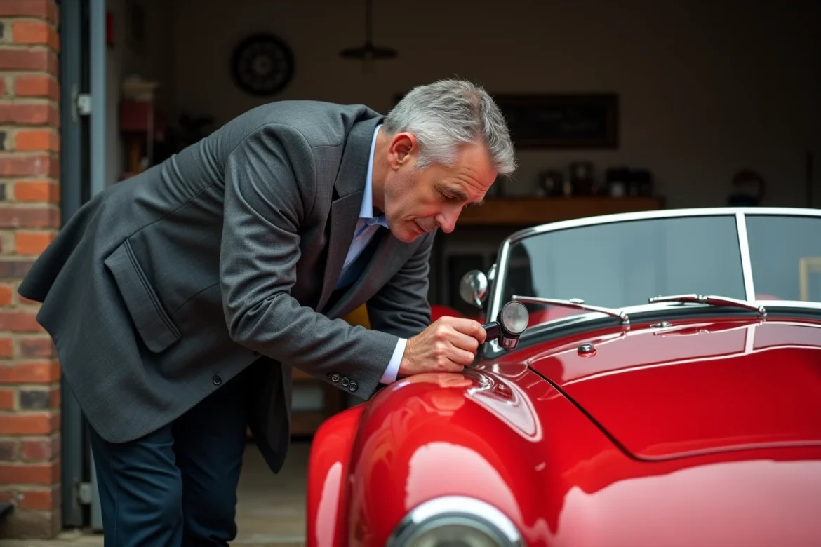 Expert automobile inspectant minutieusement une Cobra roadster rouge lors d'un contrôle avant achat, mettant en évidence l'importance d'une vérification technique