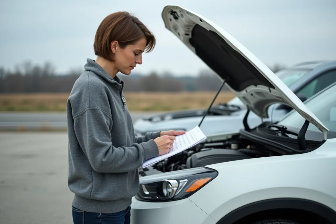Femme vérifiant le moteur de son SUV à une aire de repos avant de prendre l'autoroute
