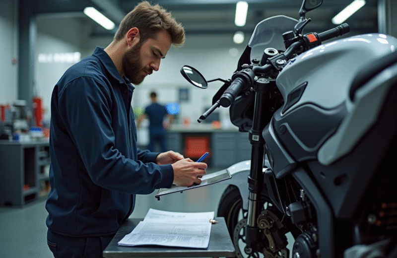 Inspecteur moto dans un garage professionnel moderne