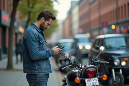Homme inspectant la plaque d'une moto en ville