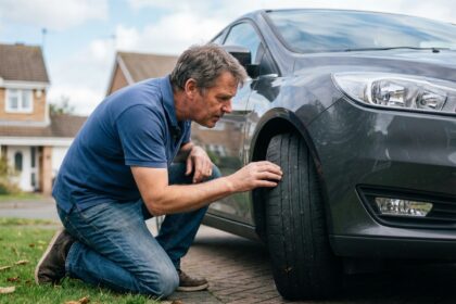 Homme inspectant le pneu de sa voiture en extérieur