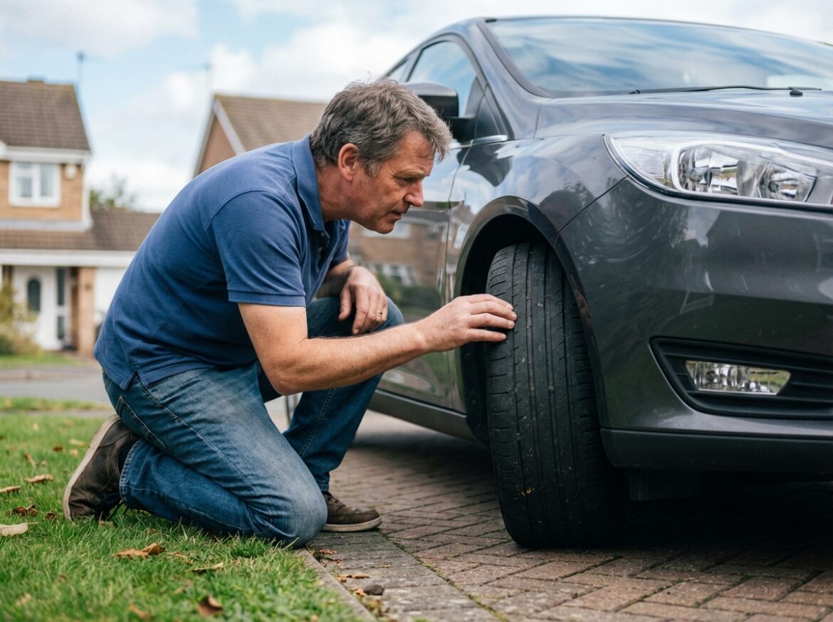 Homme inspectant le pneu de sa voiture en extérieur
