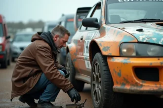 Acheteur inspectant une voiture de rallye d'occasion dans un paddock, vérifiant la suspension et la carrosserie avant négociation