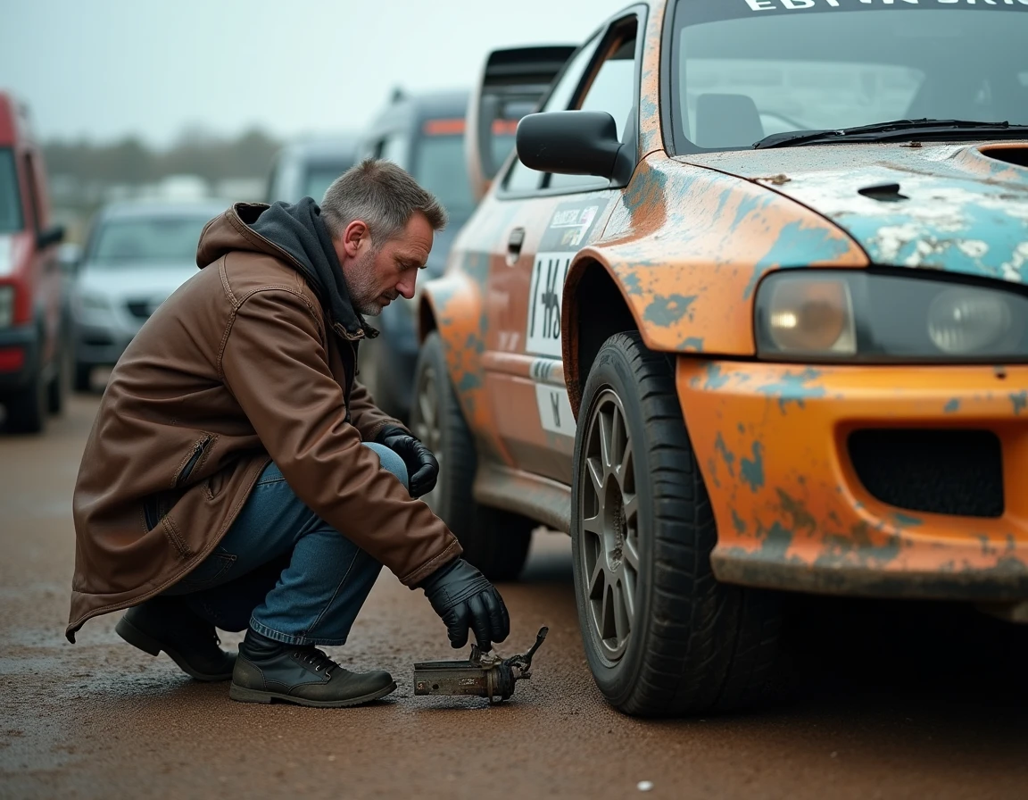 Acheteur inspectant une voiture de rallye d'occasion dans un paddock, vérifiant la suspension et la carrosserie avant négociation