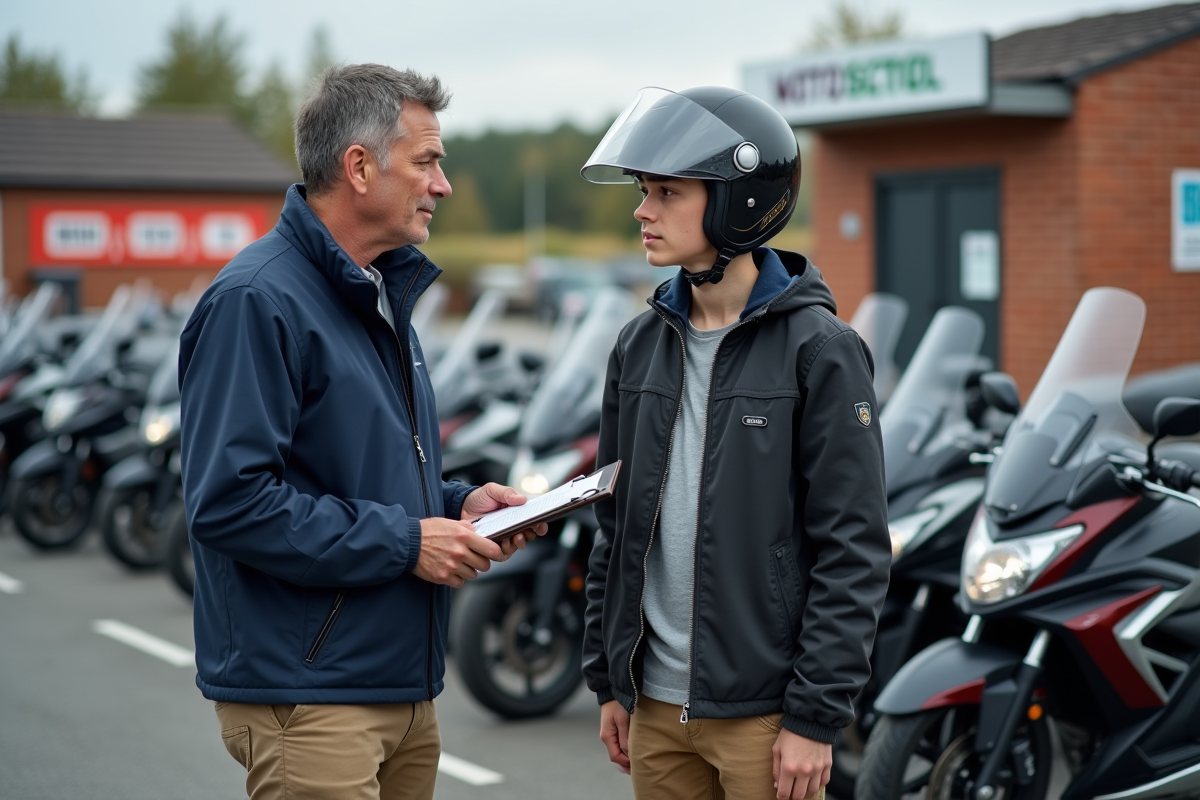 Instructeur moto discutant avec élève en parking