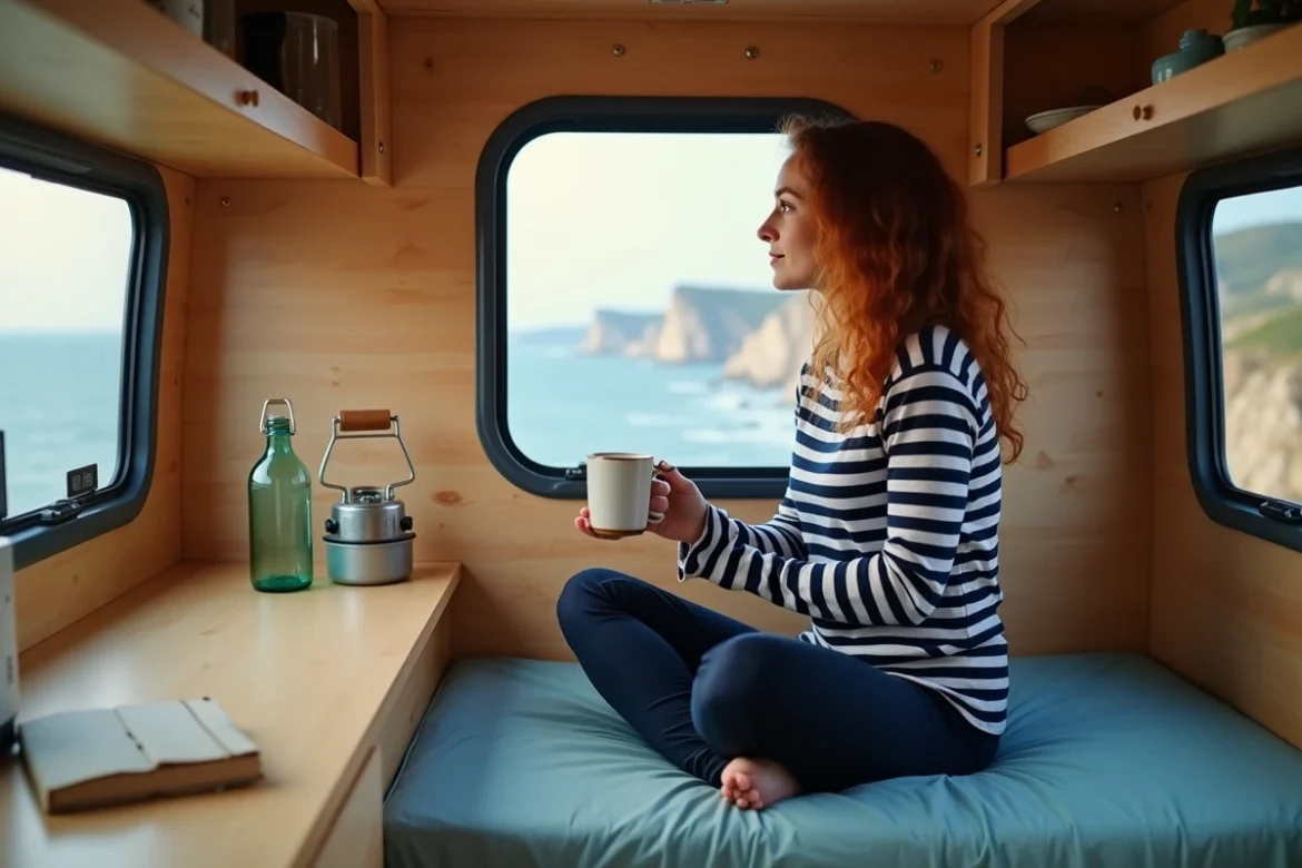 Femme vanlifer assise dans l'aménagement intérieur minimaliste d'un camping-car Dacia avec vue sur la côte
