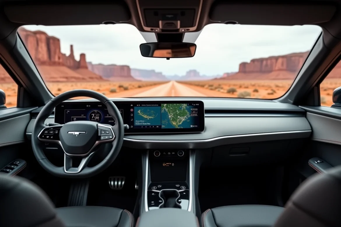 Intérieur high-tech d'un 4x4 électrique avec écran tactile affichant une carte hors route et paysage de canyon en arrière-plan