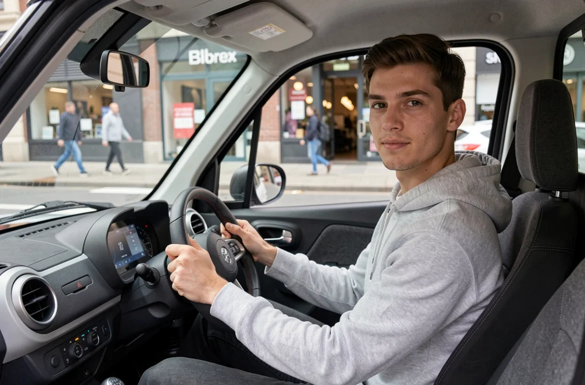 Jeune homme au volant d'une voiture sans permis neuve avec tableau de bord moderne en ville
