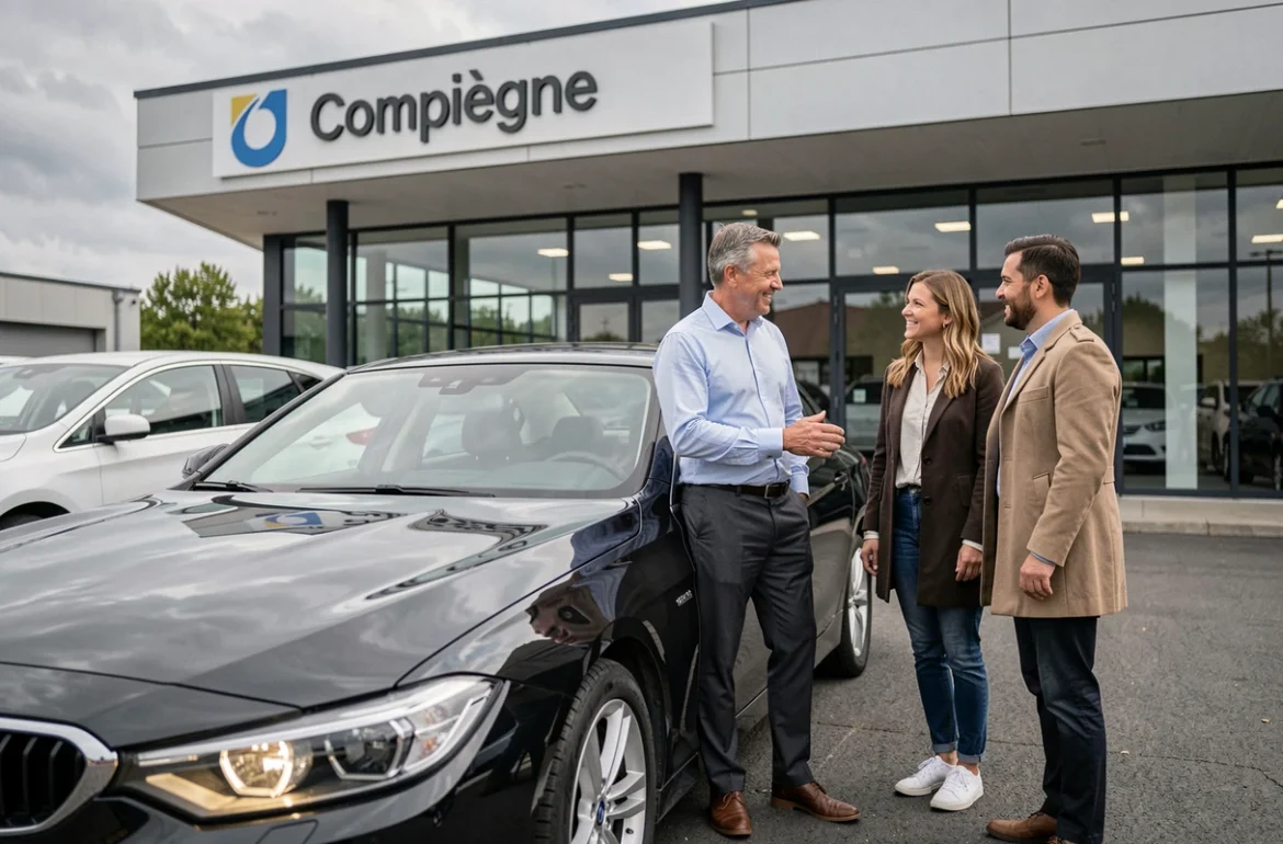 Vendeur de Jallu-Berthier à Jaux-Compiègne présentant une voiture d'occasion à des clients devant le showroom