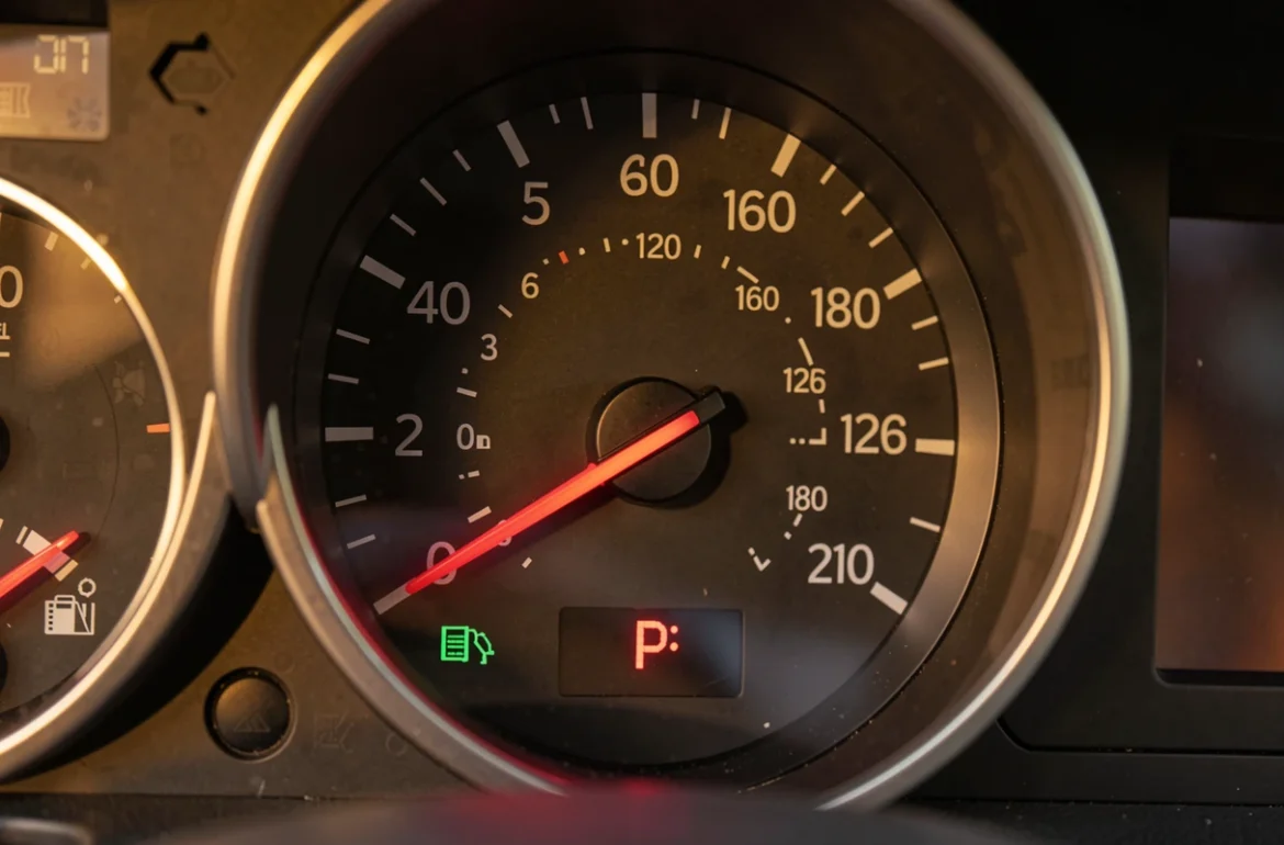 Jauge de carburant proche de la réserve sur un tableau de bord