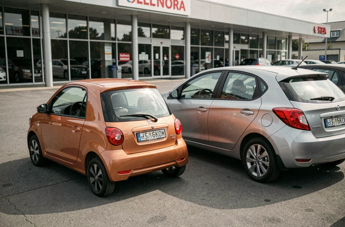 Comparaison de taille entre une JDM voiture sans permis et une citadine classique chez un concessionnaire