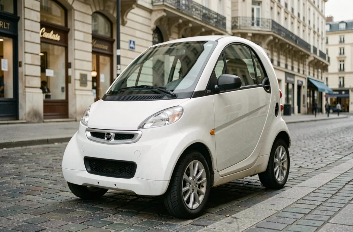 JDM voiture sans permis blanche garée dans une rue française pavée