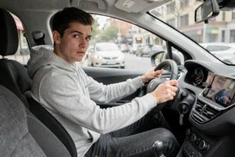 Jeune conducteur au volant d'une Peugeot 208 VTi en conduite urbaine, vue intérieure réaliste