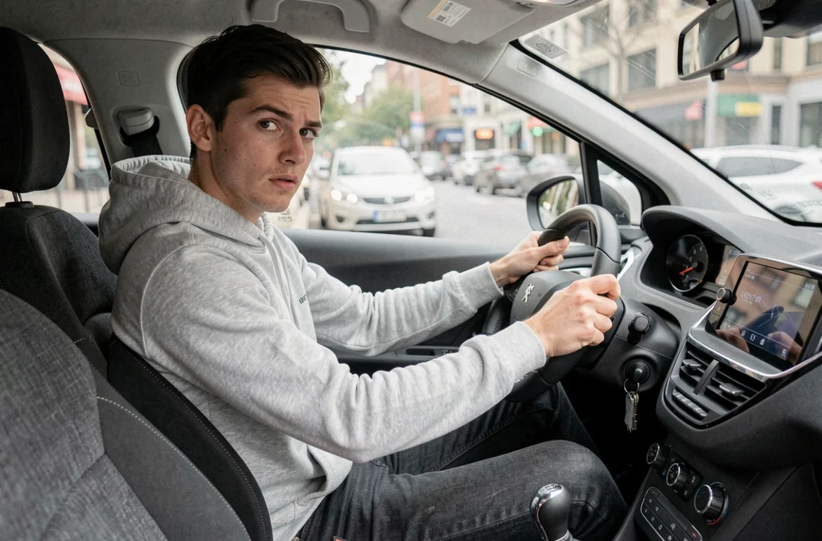 Jeune conducteur au volant d'une Peugeot 208 VTi en conduite urbaine, vue intérieure réaliste