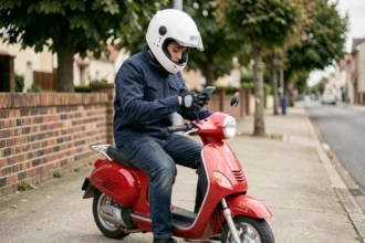Jeune conducteur assis sur un scooter 50cc rouge consultant une application d'assurance moto sur son smartphone dans une rue résidentielle