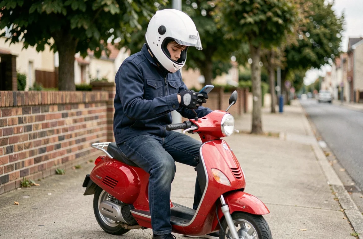 Jeune conducteur assis sur un scooter 50cc rouge consultant une application d'assurance moto sur son smartphone dans une rue résidentielle