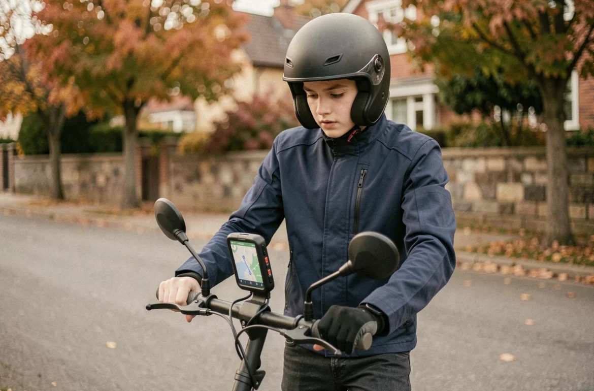 Jeune conducteur de scooter vérifiant son GPS monté sur le guidon avant de partir