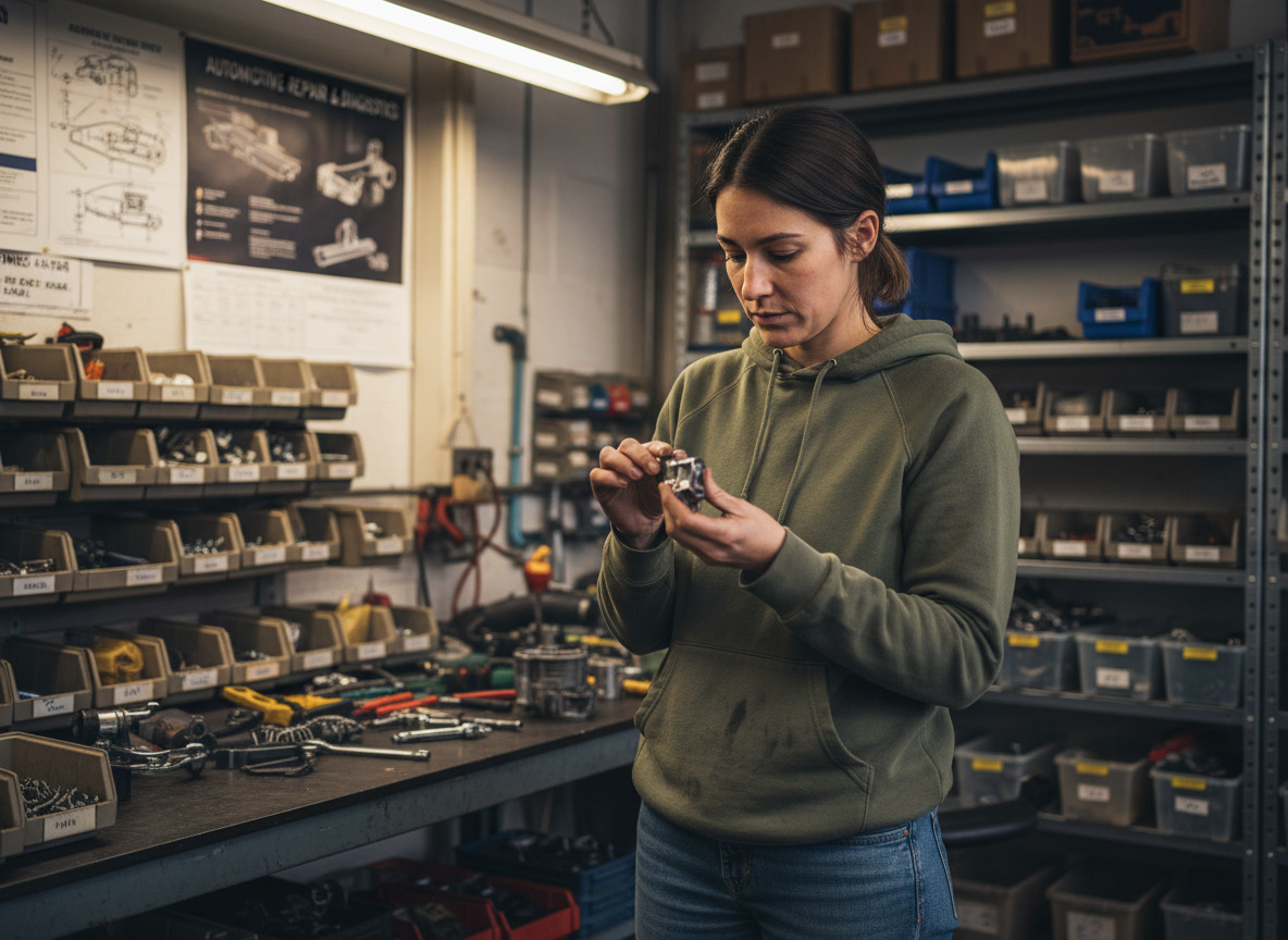 Jeune femme examinant une pièce de voiture dans un garage