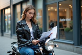 Jeune femme vérifiant documents devant moto école