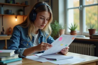 Jeune femme en denim écouteurs étudie un PDF à la maison