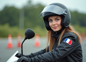 Jeune femme en équipement moto à l'école de conduite