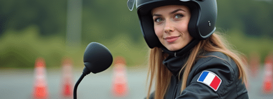 Jeune femme en équipement moto à l'école de conduite