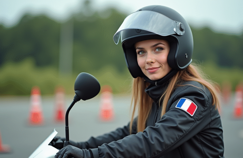 Jeune femme en équipement moto à l'école de conduite
