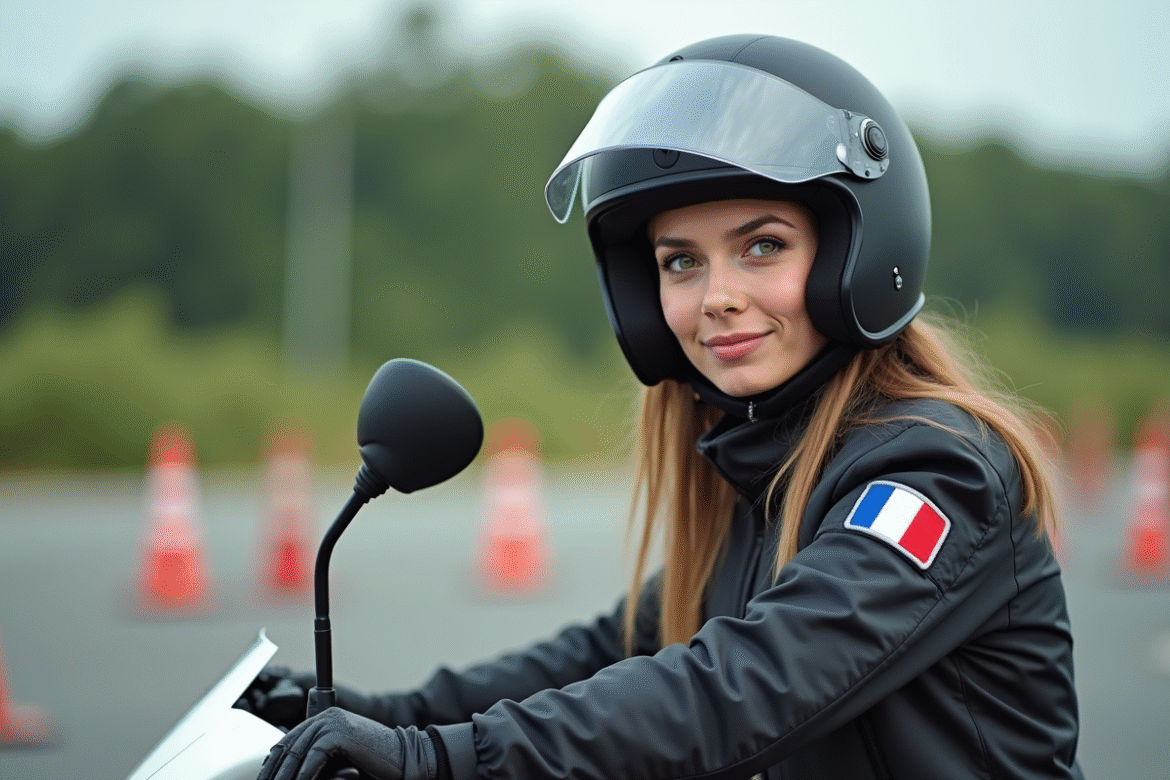 Jeune femme en équipement moto à l'école de conduite
