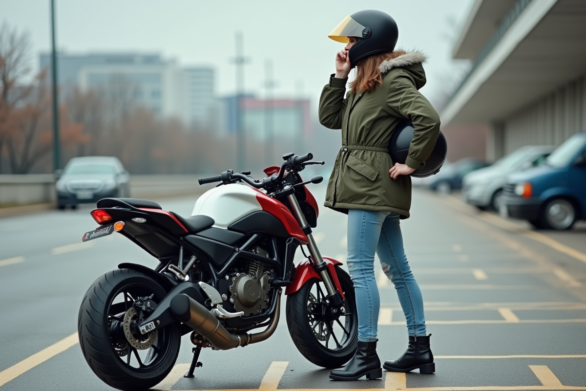 Jeune femme préparant casque avec moto 50cc en ville