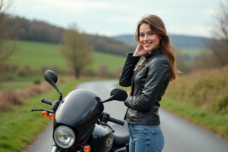 Jeune femme souriante en moto en nature au printemps
