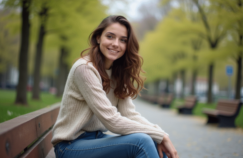 Jeune femme assise dans un parc urbain au printemps