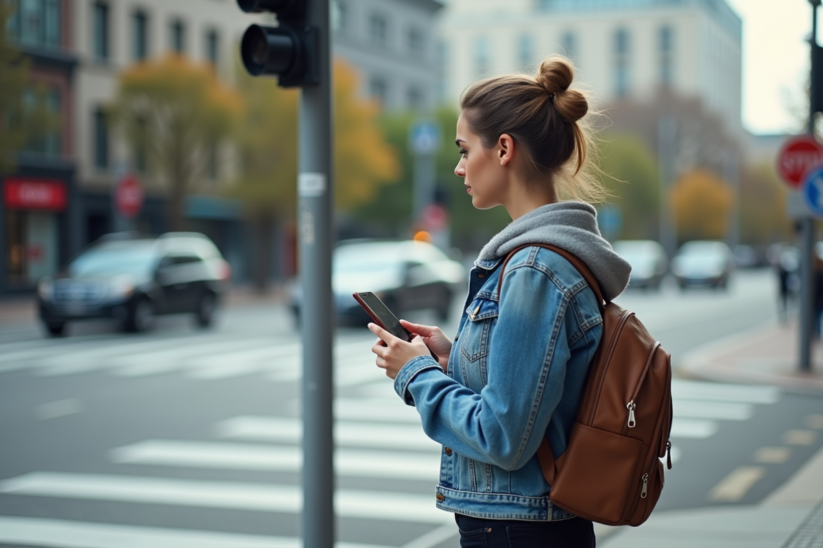 Jeune femme regardant un panneau de signalisation en ville