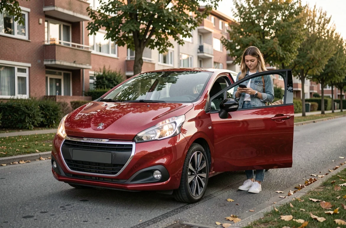 Jeune femme debout à côté d'une Peugeot 208 VTi rouge garée dans un quartier résidentiel